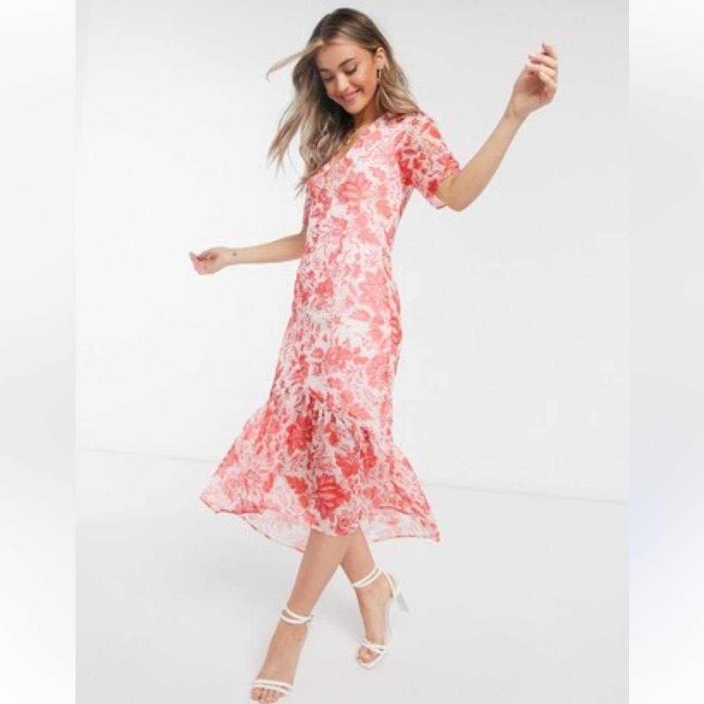 Hope & Ivy Long Floral Print V-Neck Ruffle Hem Dress Lined Size 8